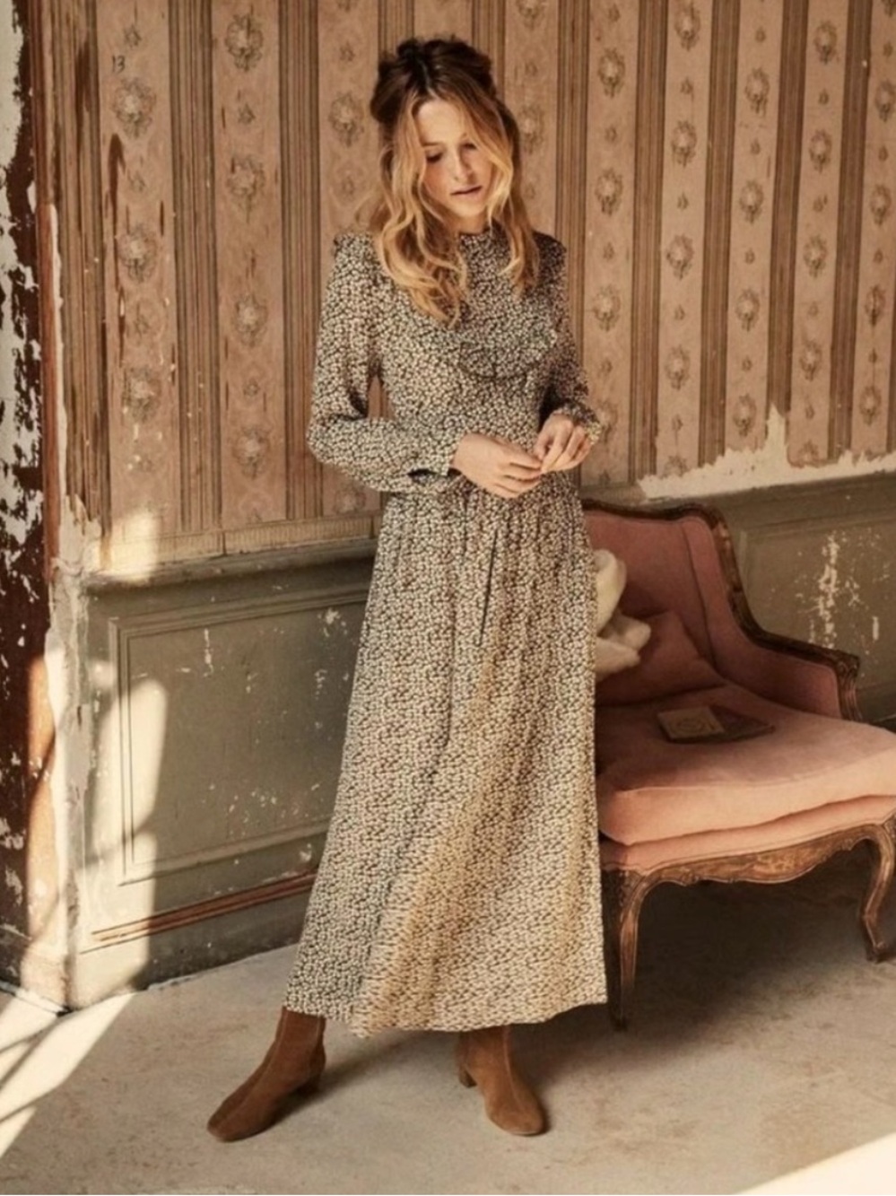 Doen Dress Hawthorne Ruffle Midi in Brown Olive Cherry Willow Print